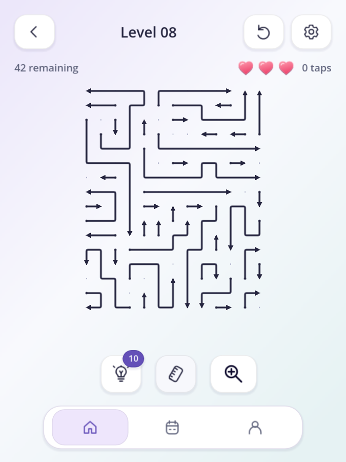 Arrowly development gameplay: a board of interlocking arrows, three hearts and puzzle tools