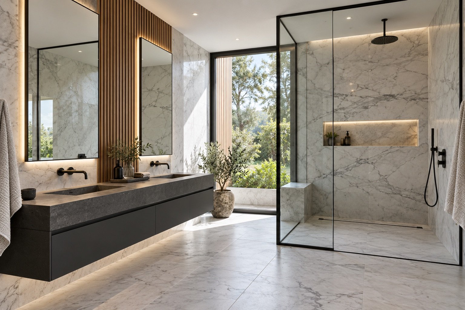 Contemporary marble bathroom with a charcoal double vanity, black framed walk-in shower and oak accents