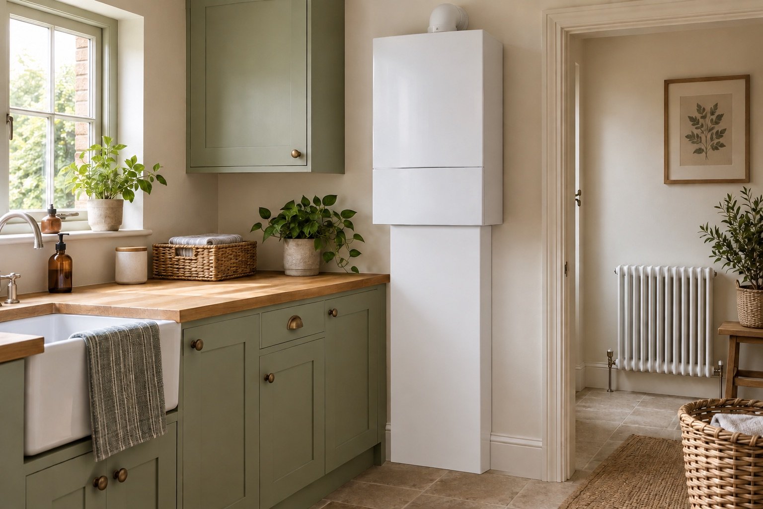 Illustrative modern utility room with a closed boiler and neatly concealed services